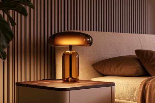Elegant amber glass mushroom table lamp glowing softly on a wooden bedside table next to a plush bed with brown pillows in a modern interior setting
