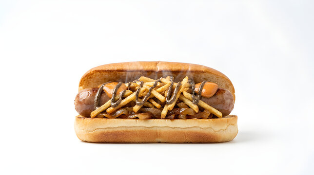 Gourmet hot dog sandwich with grilled sausage, crispy potato sticks, caramelized onions, and sauces isolated on white background