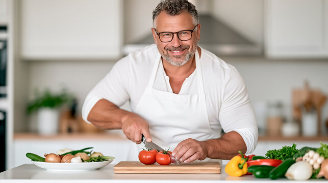 A positive elderly man cuts vegetables with a knife on the table in a modern kitchen