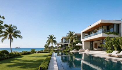 Fototapeta premium Contemporary luxury home exterior with a swimming pool and tropical palm trees by the beach architecture tropical vacation landscape property exterior lifestyle relaxation building