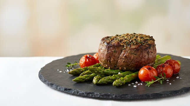 Herb crusted filet mignon steak served with roasted asparagus and cherry tomatoes on a black slate plate