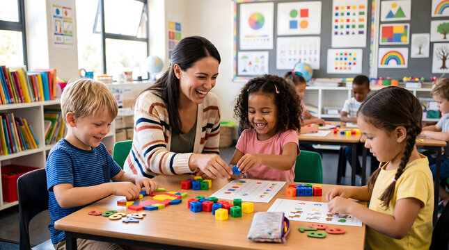 Happy female teacher helping a diverse group of young preschool children with colorful plastic building blocks and educational math worksheets in a bright classroom during a fun group lesson
