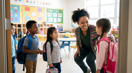 Fototapeta premium Smiling African American female teacher welcoming diverse young elementary school students wearing backpacks inside a bright modern classroom setting during their first day of primary learning