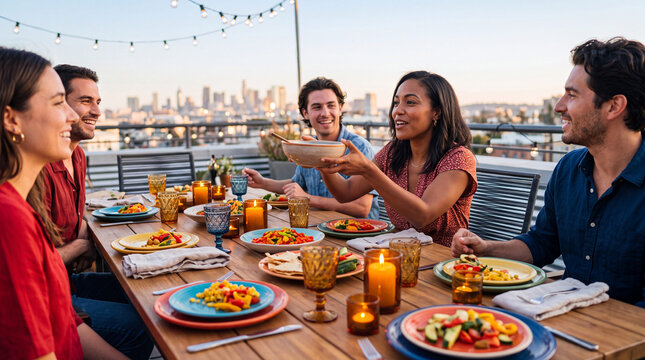 Friends sharing a colorful rooftop dinner