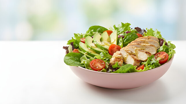 Healthy grilled chicken salad with sliced avocado cherry tomatoes and mixed greens in a pink bowl