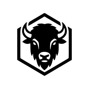 Bison head logo icon in a hexagon frame, black and white vector illustration.