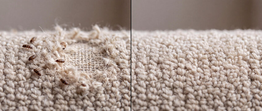 Before and after comparison of bed bug infestation on carpet and clean fabric surface, pest control and home maintenance concept.