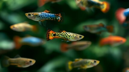 Fototapeta premium Colorful guppies swim gracefully through green aquatic plants in a vibrant underwater scene
