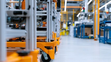 Fototapeta premium Modern industrial warehouse interior featuring rows of orange and silver equipment on a clean concrete floor under bright lighting