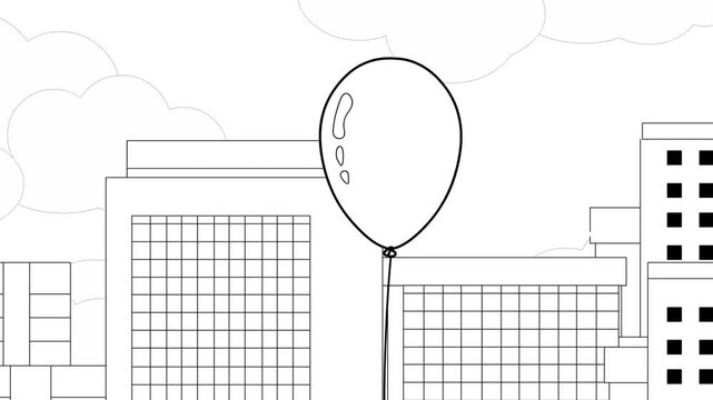 Animated video of a gas balloon passing by the buildings in the sky with clouds, black and white, art, 2D.