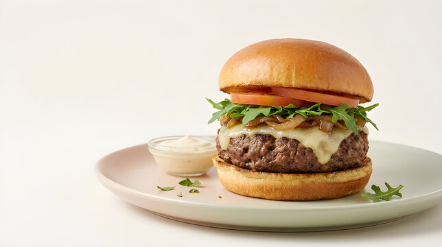 Gourmet beef burger with melted cheese caramelized onions arugula and tomato on a brioche bun