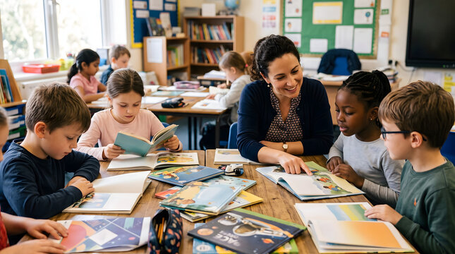 Diverse primary school children reading books in classroom with smiling female teacher helping young students develop literacy skills during a group lesson in modern elementary school setting