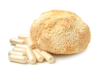 Functional mushroom and pills isolated on white © New Africa