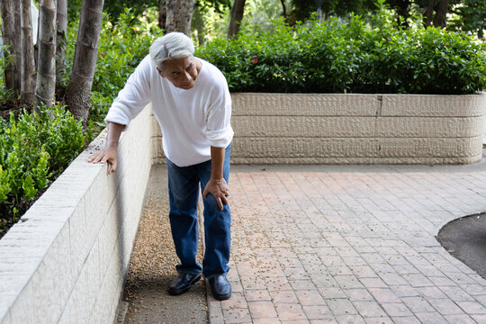 asian senior man with white hair holding painful knee from osteoarthritis, knee joint pain outdoor scene, full body shot