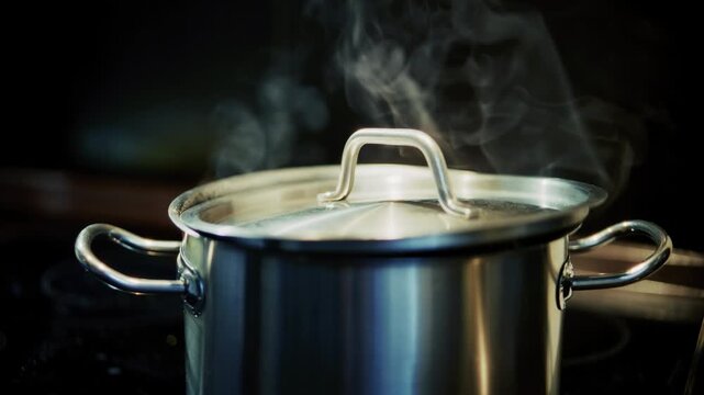 Steam Rising From Stainless Steel Cooking Pot On Stove. Boiling Soup Kitchen Preparation