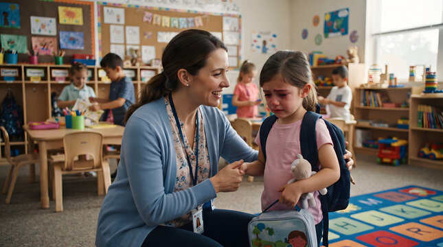 Kind female teacher comforting a crying young girl on her first day of preschool in a bright classroom with kids playing in the background while the student feels sad and very homesick now