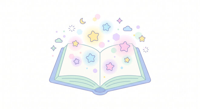 Cute little girl reading an open story book surrounded by pink hearts and floral border frame vector illustration design