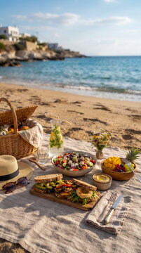 Picnic saludable junto al mar con frutas, ensalada y bebidas frescas, representando alimentaci&oacute;n equilibrada, vacaciones, verano y estilo de vida activo.