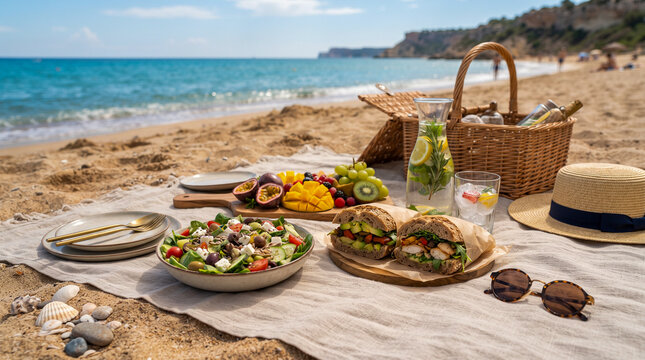 Picnic saludable junto al mar con frutas, ensalada y bebidas frescas, representando alimentaci&oacute;n equilibrada, vacaciones, verano y estilo de vida activo.