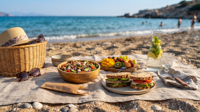 Picnic saludable junto al mar con frutas, ensalada y bebidas frescas, representando alimentaci&oacute;n equilibrada, vacaciones, verano y estilo de vida activo.