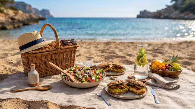 Picnic saludable junto al mar con frutas, ensalada y bebidas frescas, representando alimentaci&oacute;n equilibrada, vacaciones, verano y estilo de vida activo.