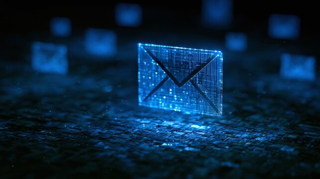 Digital Mail Icon Visualization: Glowing Blue Email Envelopes on a Circuit Board Surface Representing Modern Communication, Technology, and Global Networking in Dark Environment