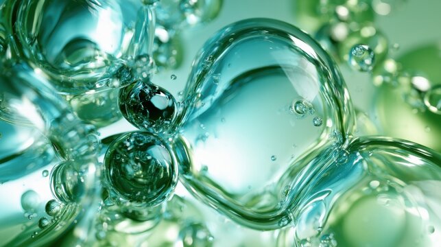 Abstract Frutiger Aero background featuring translucent bubbles in shades of green and blue, creating a visually dynamic and fluid composition with a smooth texture