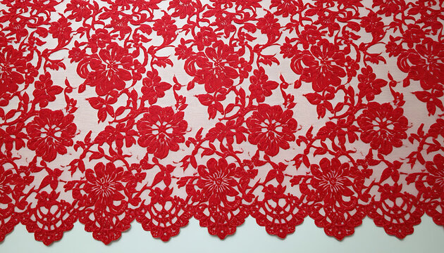 This material is a vibrant red floral corded or alencon lace fabric