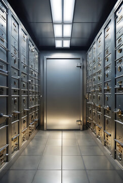 Secure bank vault interior with rows of safe deposit boxes and a heavy metal door, Financial security