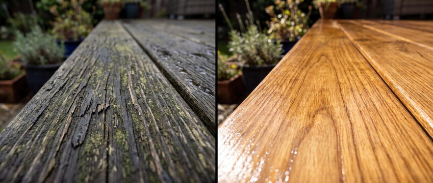 Before and after restoration of weathered wooden garden deck planks with fresh stain