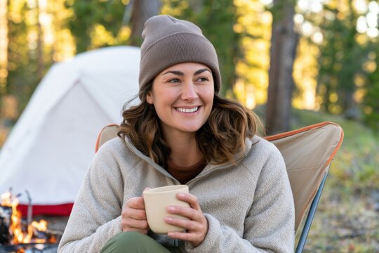Young woman wearing a beanie enjoys a hot drink while sitting beside a campfire in a forest setting with a tent visible in the background