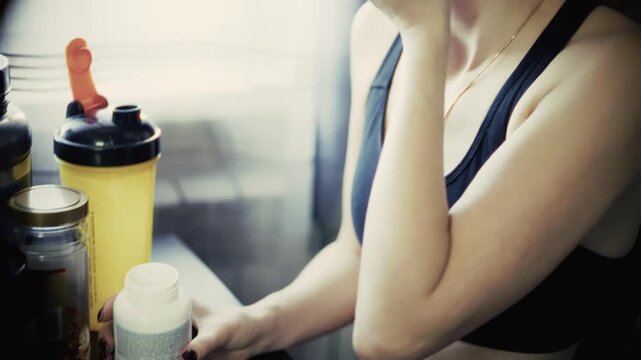 Athlete Pouring Vitamin Pills Into Hand Near Sports Nutrition Supplements Containers 