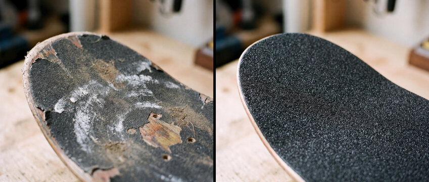 Skateboard Maintenance Before and After: Replacement of Old Worn Grip Tape with New Black Surface on Wooden Deck