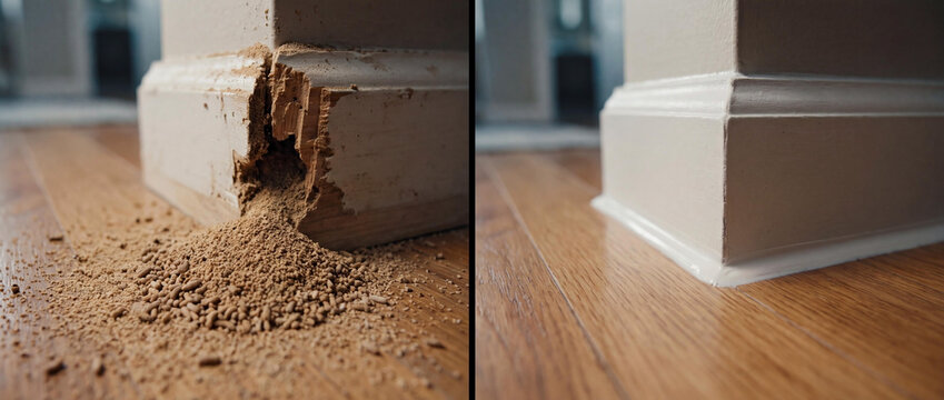 Before and After Comparison of Termite Damaged Wood Baseboard Repair and Home Restoration