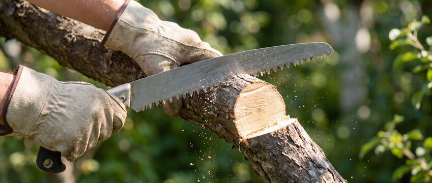 Close-up of a gardener sawing a tree branch with a manual hand saw in a sunny garden.