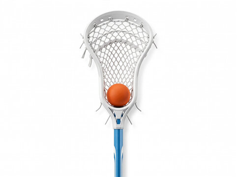 Front view of a white and blue lacrosse stick head with an orange ball resting in the mesh pocket, isolated on a clean white background with soft shadows and realistic 3D detail.