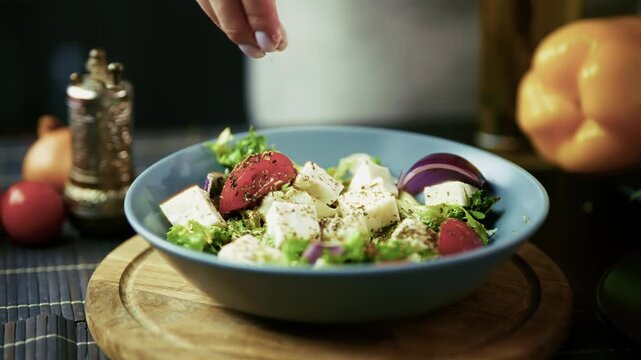 Chef Adding Salt Seasoning Fresh Greek Salad Feta Cheese Tomato Vegetable