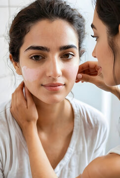 Young woman with vitiligo applying cream to her face, skin care and self acceptance concept, beauty routine