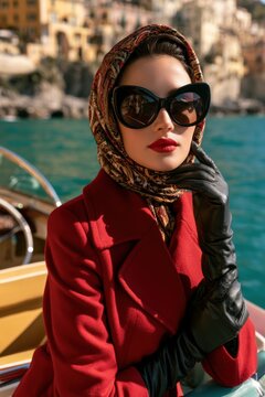 Glamorous Mediterranean woman in red coat and sunglasses poses on a boat with scenic coastal village in the background, showcasing elegance and style