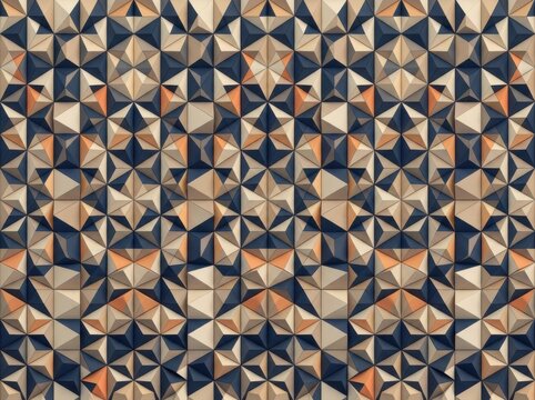 3d geometric pattern with triangular pyramid shapes in blue, beige, and orange