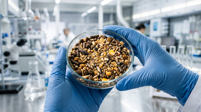 Close-up view of gloved hands holding a petri dish filled with a mixed sample of livestock feed and grains, being examined for quality control in a bright, high-tech agricultural laboratory.