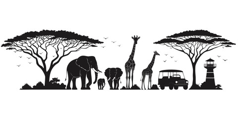 African savanna wildlife conservation scene with elephants, giraffe, and zebra elephant family baby elephant © nuralom