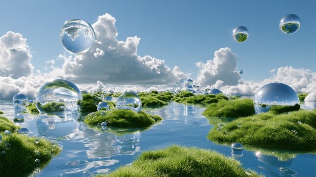 Utopian Frutiger Aero landscape featuring vibrant green grass, floating water bubbles, and fluffy clouds under a clear blue sky in a surreal, dreamlike setting