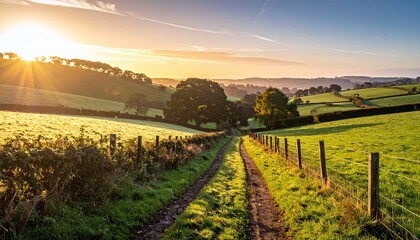 Obraz premium A tranquil dirt path leads through vibrant rolling green hills during a golden morning sunrise. Nobody is present in this peaceful landscape, inspiring hope and serene freedom.