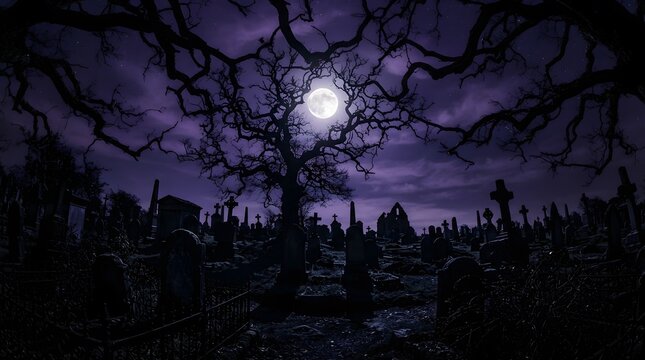 Spooky graveyard at night under purple moon with gnarly bare trees creating gothic horror.