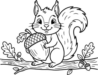 Cute cartoon squirrel holding large acorn illustration isolated on transparent background © Mansura