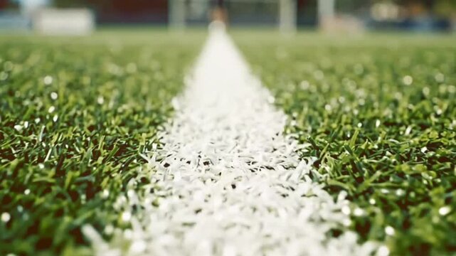Macro view of white sideline on green artificial turf sports field with blurred football goal in background during daylight video clip showing outdoor stadium.