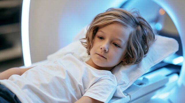Young child lying in MRI scanner, receiving medical examination in futuristic healthcare technology environment