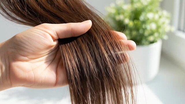 Close-up of hand stroking long glossy brown hair.