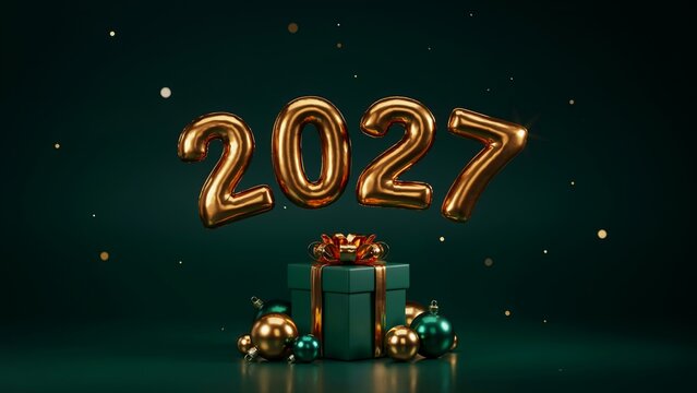 Golden 2027 balloons with a green gift box and christmas ornaments on a dark background